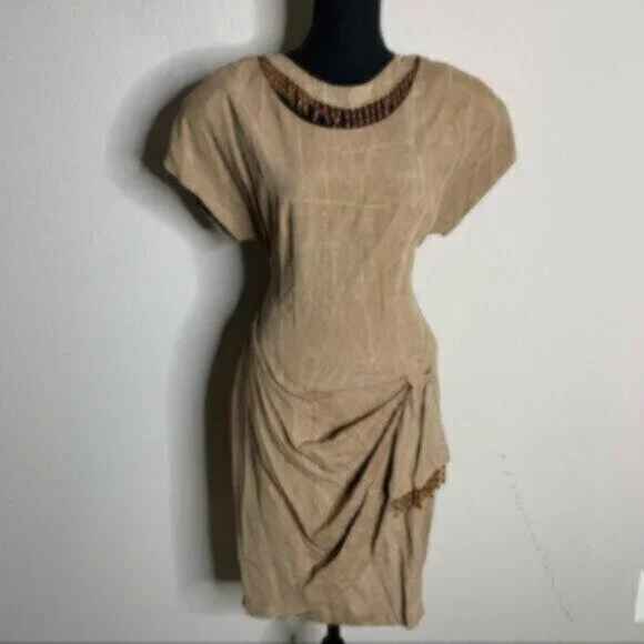 Scarlett Rare 70s Vintage Tigh Length Faux Wrap Beaded Ruching Dress - Picture 3 of 14